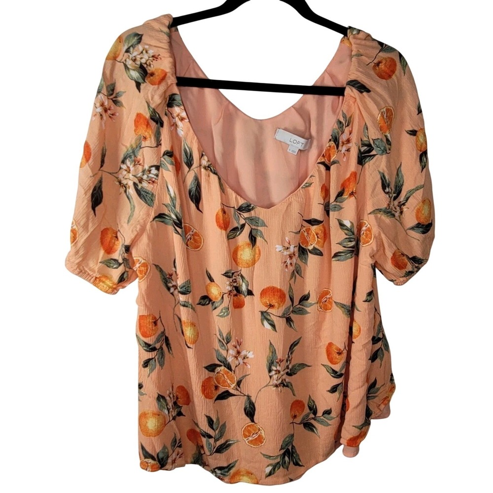 LOFT Orange Fruit Blouse Women's Sz XL Summer‎ Vacation Resort Beachy Vibrant